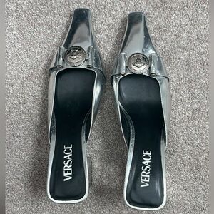 Versace Silver Metallic Medusa-Emblem Square-Toe Mules
